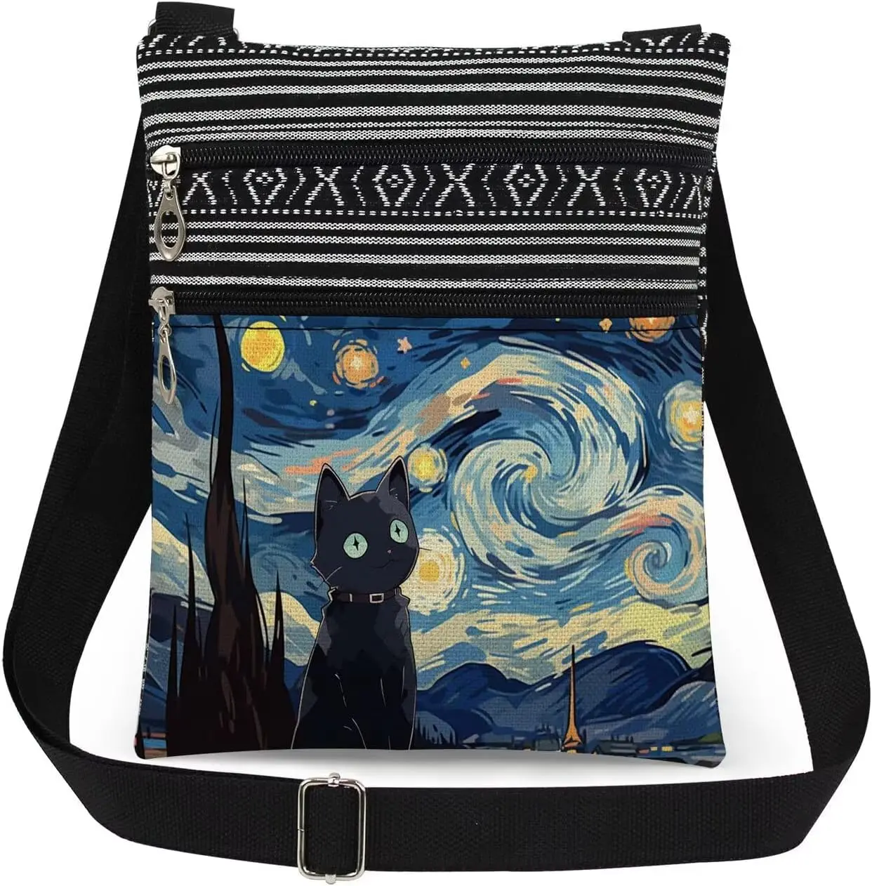 Women's Adjustable Strap Crossbody Messenger Bag, Van Gogh Oil Painting Black Cat Print, Cat Lover Daily Use Gift for Friend Sister