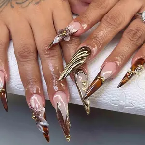 Handmade Brown Tortoise Press On Nails with 3D Flower Wing & Gold Charm Design Long Stiletto Nails for Bold Look Party Night or Unique Gift