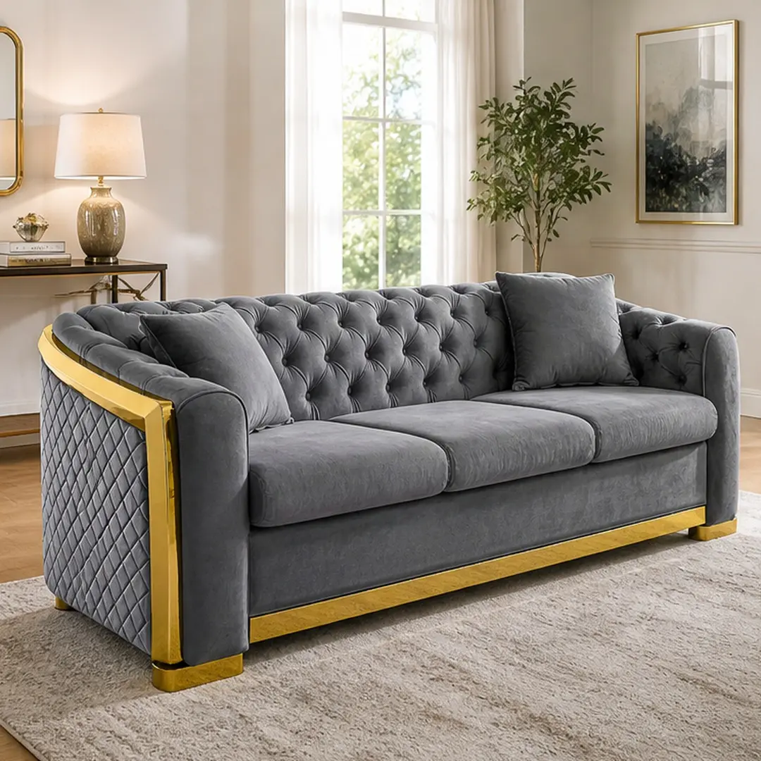 ARCH Velvet Luxury Chesterfield Sofa 84 Inch 3 Seat Couch with Tufted Back and Gold Stainless Steel Legs for Living Room, Grey Fabric, Medium-Soft Foam, Rolled Arms, European Style, Combo Item, Grey Color Options, Wood + Stainless Steel Material