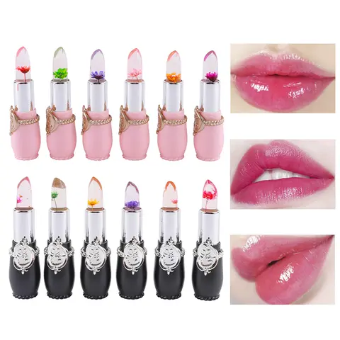 QIUFSSE 6PCS Pink Flower Jelly Lipstick Set - 6 pcs pink Cosmetic, Temperature-Changing Gloss, Moisturizing Jelly Balm with Real Flowers, Hydrate Long-Lasting Shine Lip Care