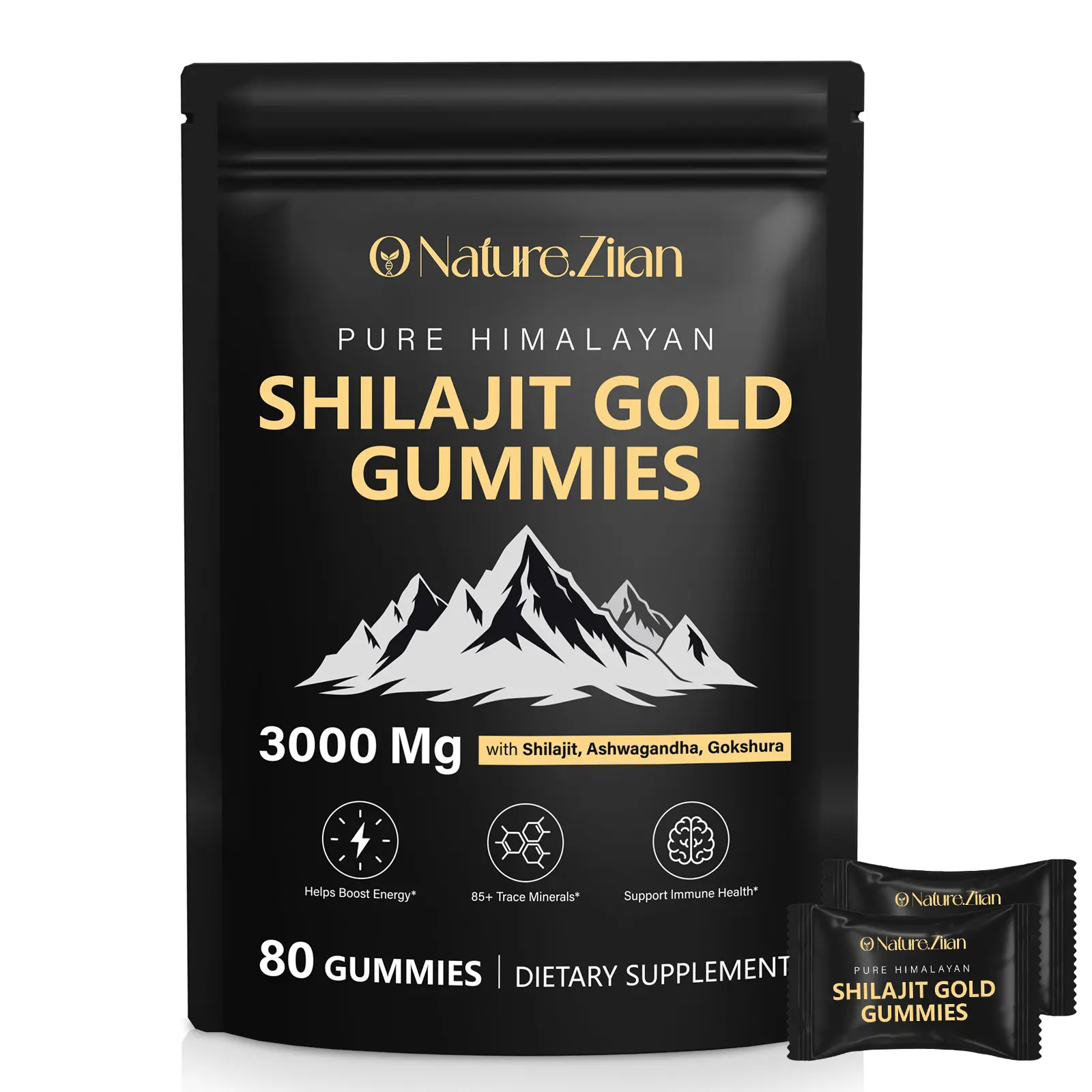 O NATURE.ZIRAN Himalayan Shilajit Edible Dietary Gummies, Purity Tested Essential Minerals Supplement for Men, Sugar Free, Organic Vegan Fitness Endurance Supplement with Ashwagandha, Gokshura, 85+ Minerals, Authentic Flavor, 80 Servings