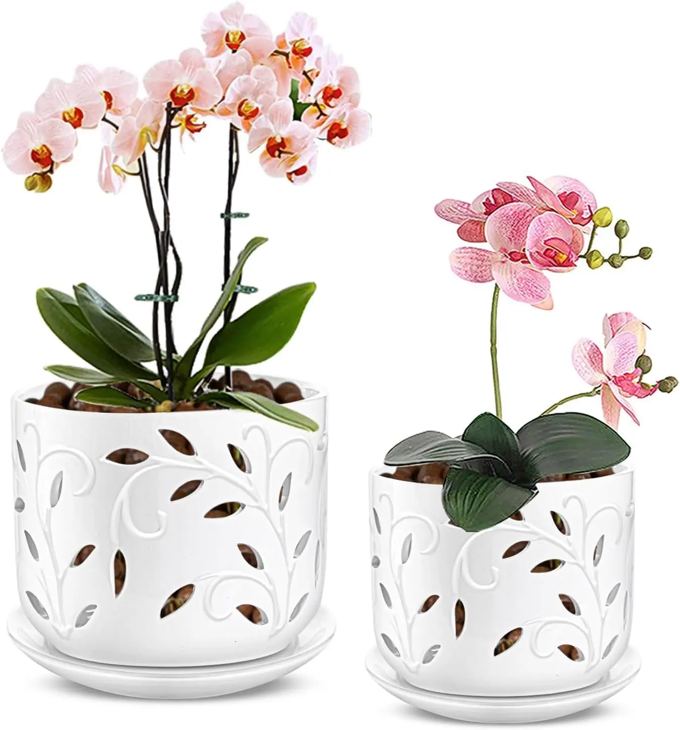 Alabaster White Leaf Lattice Ceramic Non-Toxic Flower Pots Set of 2 - 1×5-in Indoor Orchid Pot, 1×6-in Built-In Drain Planters, 2 Matching Saucers, Textured Depth Decor for Farmhouse, Modern Room Decor