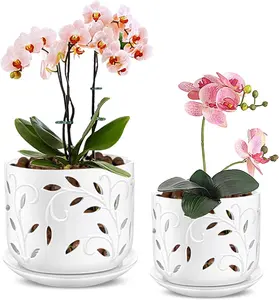 Leaf Lattice Ceramic Orchid Pots with Drainage Holes and Saucers, Alabaster White Decorative Planters, 5 Inch and 6 Inch Set of 2