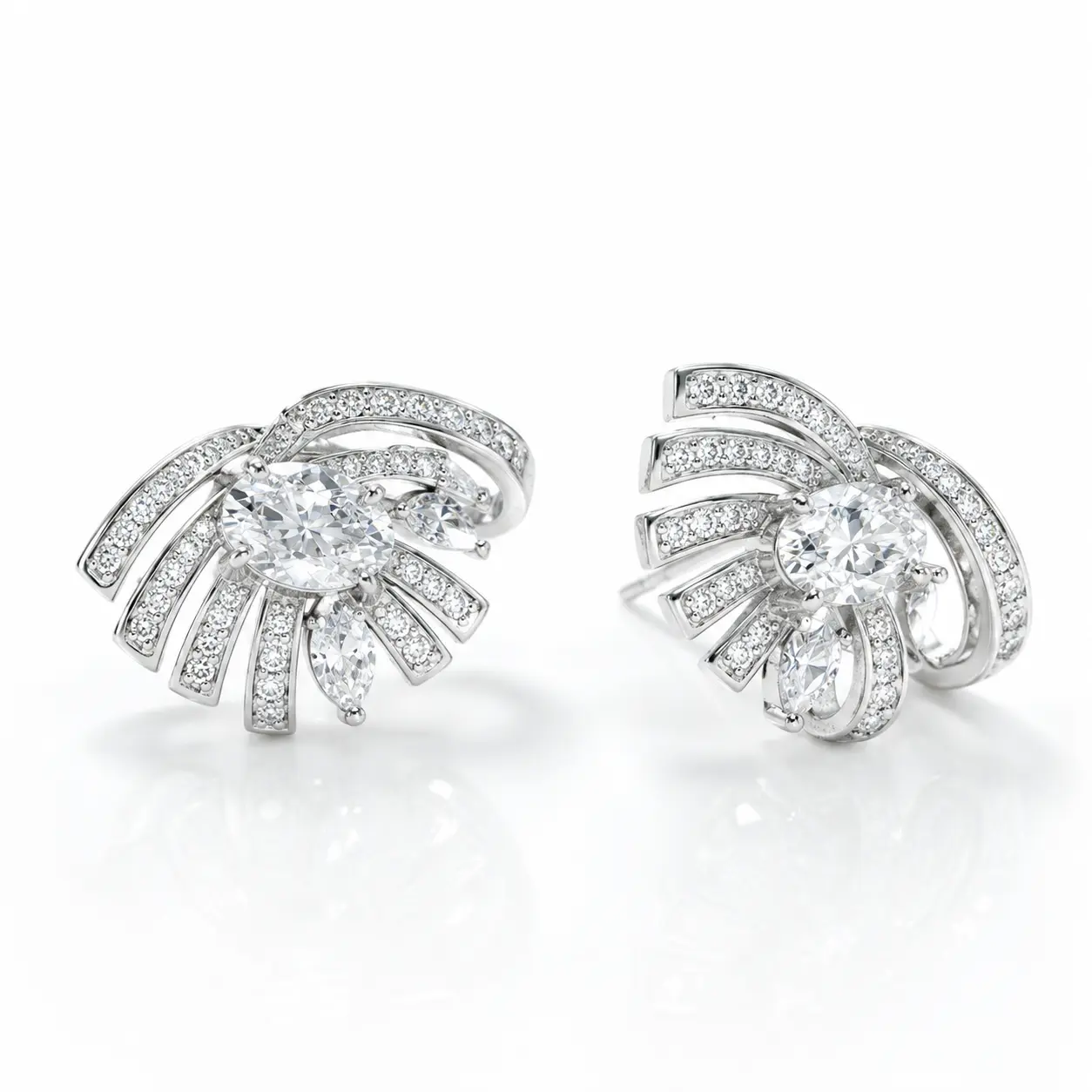 SKU EH-001 Floral Fan Moissanite Gemstone Ear Stud Earrings, Statement Stud Earrings, Sparkling Elegance Fashion Costume Jewelry
