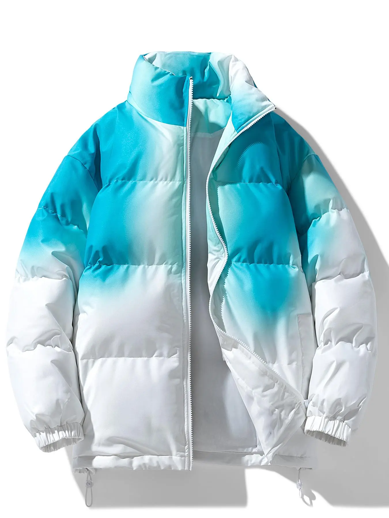 Men's Ombre Print Zip Up Hooded Coat, Regular Fit Casual Long Sleeve Drawstring Pocket Funnel Neck Outerwear for Winter, Men's Clothes for Daily Wear