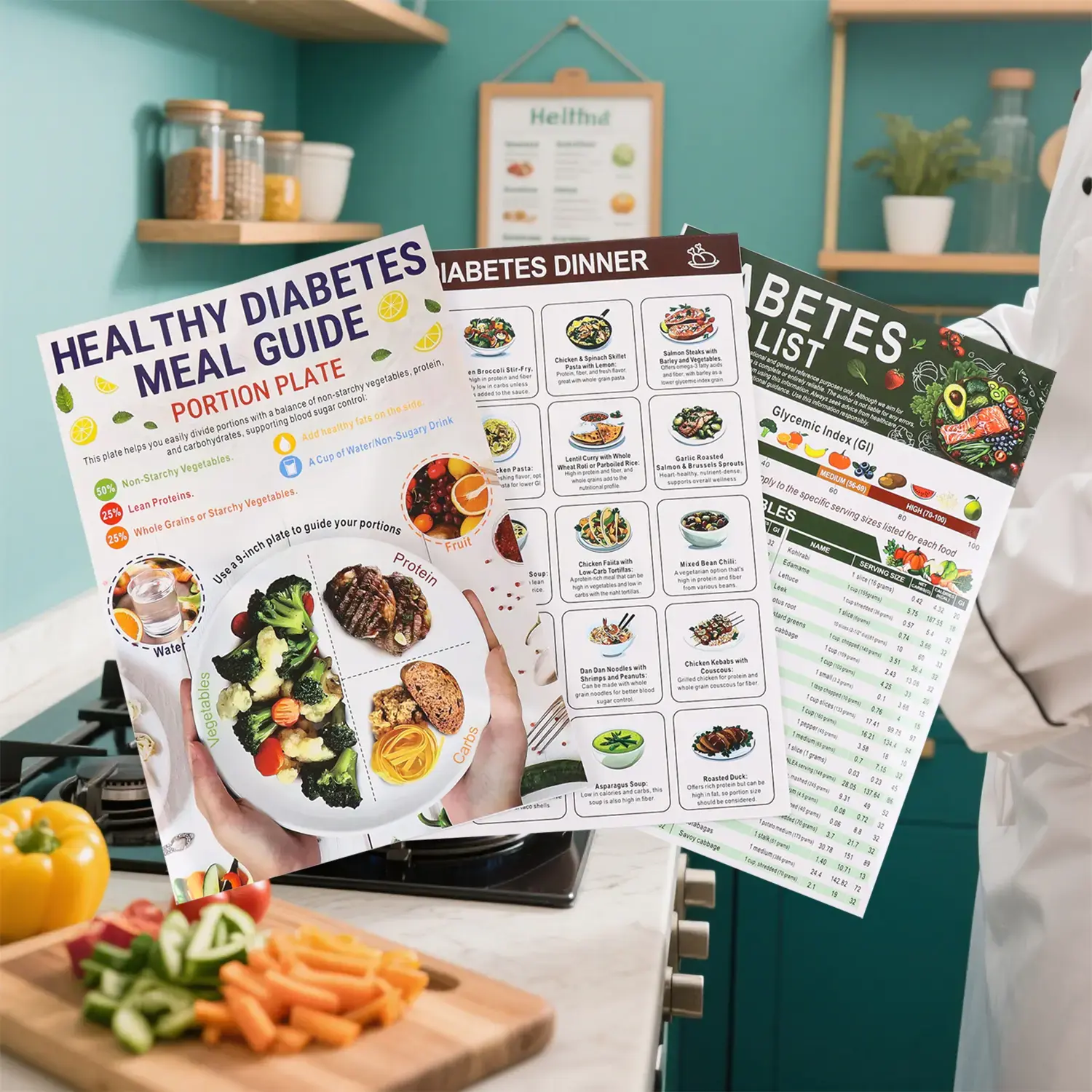 3 Count Diabetes Food List & Meal Planner - Low Gl Foods,Calories,Glycemic Index,and Vitamin Chart