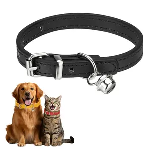 PETAXCELL Dog Collar with Bell, Pu Leather Cat Collars Pet Basic Soft Padded Adjustable Buckle, 10" (Black, 1pcs), Intended for Teacup / Little Dog / Kitten Cats / Small Animals
