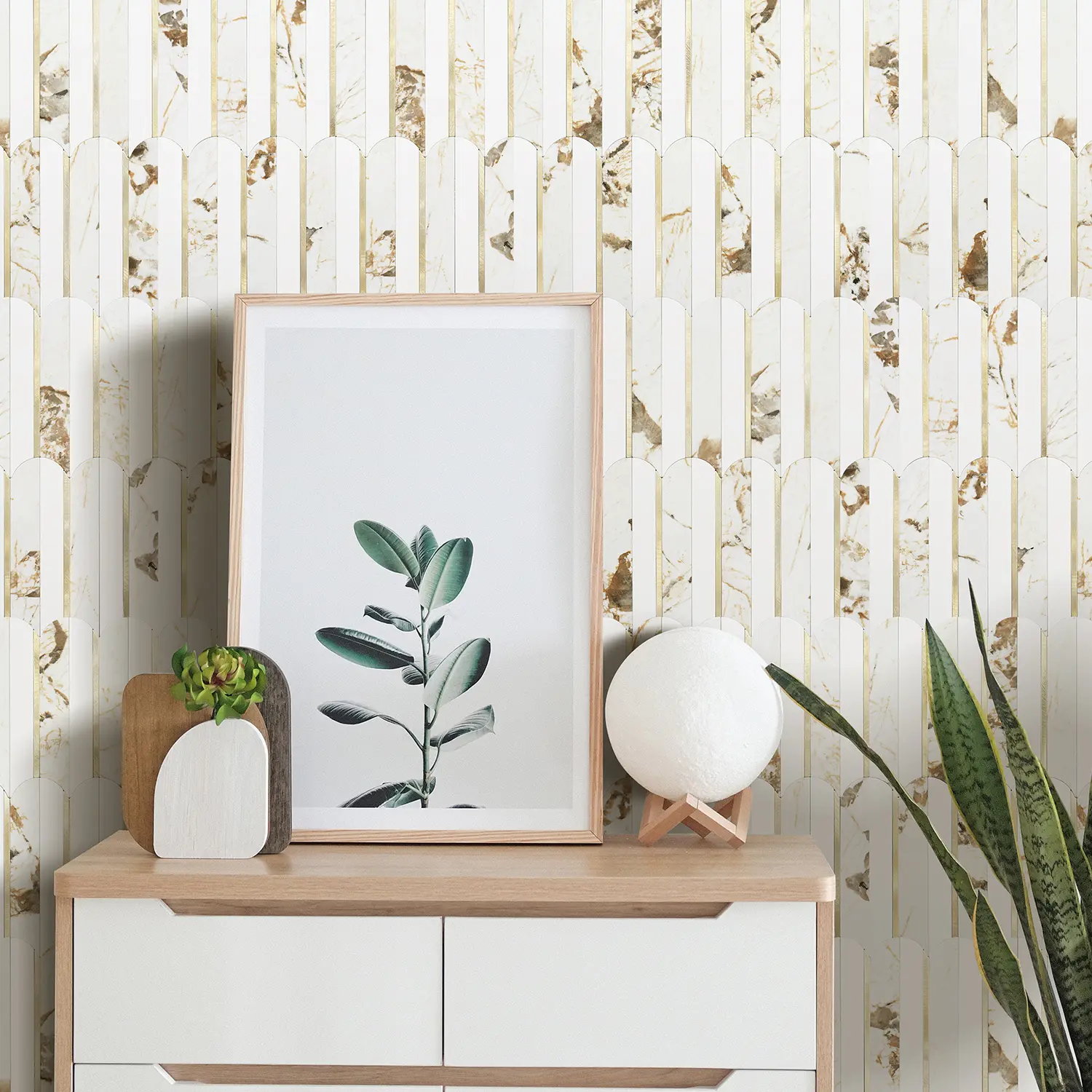 Vamos Tile 10-Sheet Peel and Stick Backsplash Seamless Tile, Fish Scale Tile Stick on Backsplash for Kitchen & Bathroom,White Marble Look PVC+Metal Gold Self Adhesive Mosaic Wall Tiles,11.9''x10.8''