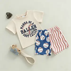 Toddler Boy Baseball 2 Piece Outfit, Graphic Tee & Baseball Print Drawstring Shorts Summer Clothes