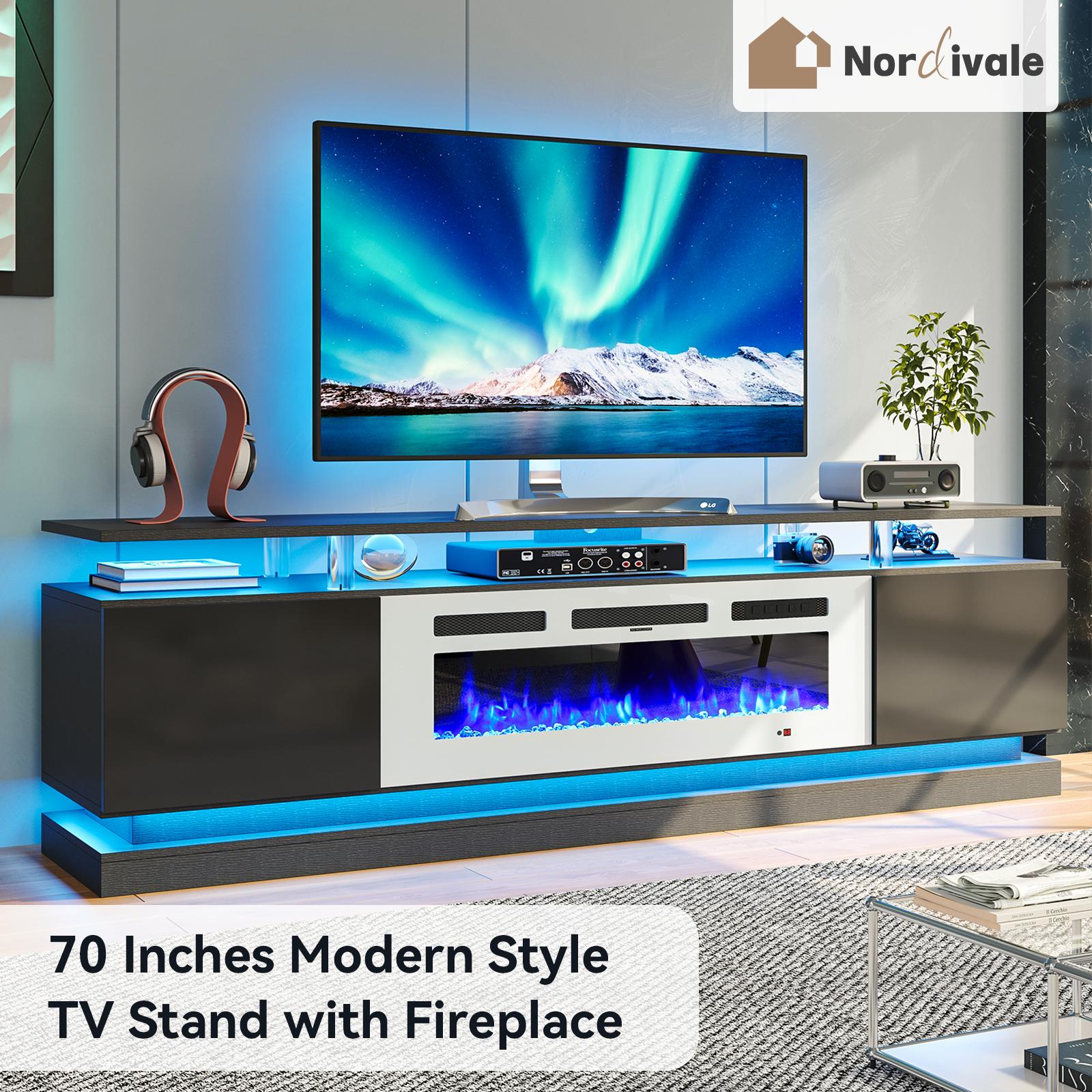 Aoxun 70" Fireplace TV Stand Modern Entertainment Center for TVs Up to 80" with Storage Cabinets Media Console for Living Room Black TV Stand and White Fireplace