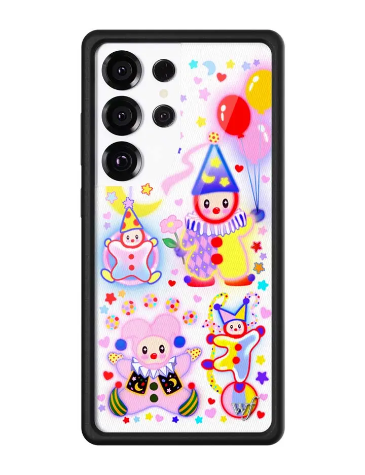 Clown Around | Limited Edition Trendy Samsung Galaxy Case | Raised Protective Black Bumper | Women Owned Small Business | Cute Colorful Vibrant Clowns and Balloons Stars and Moon | Safety Casing Protective | Gift for Her | Cute Aesthetic