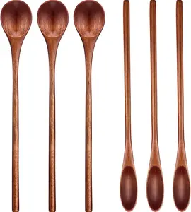 6Pcs Wooden Coffee Spoons Long Handle Mixing Wooden Spoon Handmade Stirring Teaspoon for Kitchen