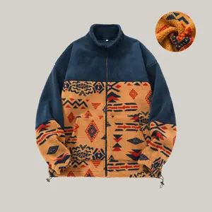 Men's Aztec Print Fleece Jacket Full Zip Stand Collar Thick Sherpa Coat Warm Loose Casual Top for Fall Winter Ethnic Style Outerwear for Outdoor Camping and Hiking