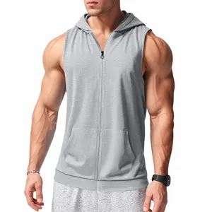 Summer Men's Hooded Zipper Solid Color Pocket Fitness Sports Simple Breathable Sleeveless Vest for Menswear - Socks, Jersey Tops