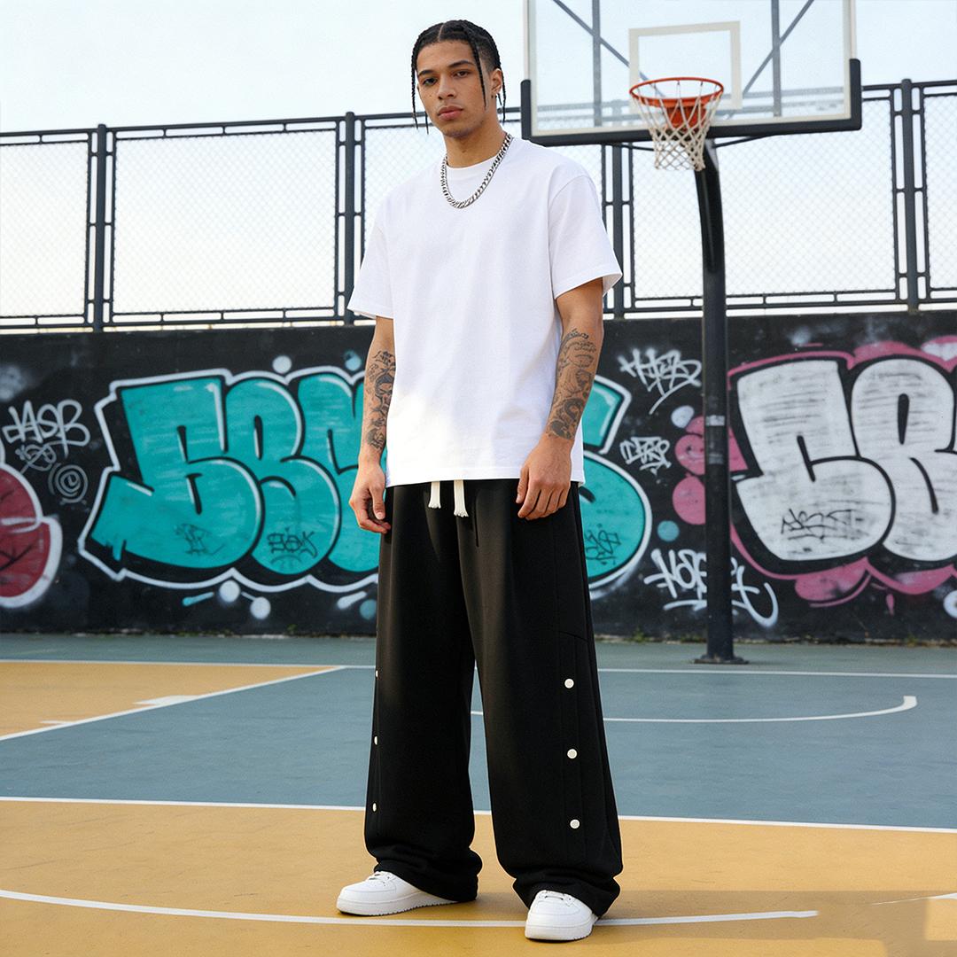 2-Pack Men’s Casual Athletic Pants with Side Button Placket, Loose Wide-Leg Street Style Straight-Leg Long Pants