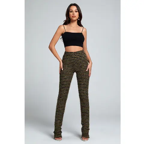 Women's Striped Fabric Pants - High Waist, Knitted Polyester-Spandex, Slim Fit, Tummy Control, Feather Accent, Chic Skinny Trousers for Daily Wear