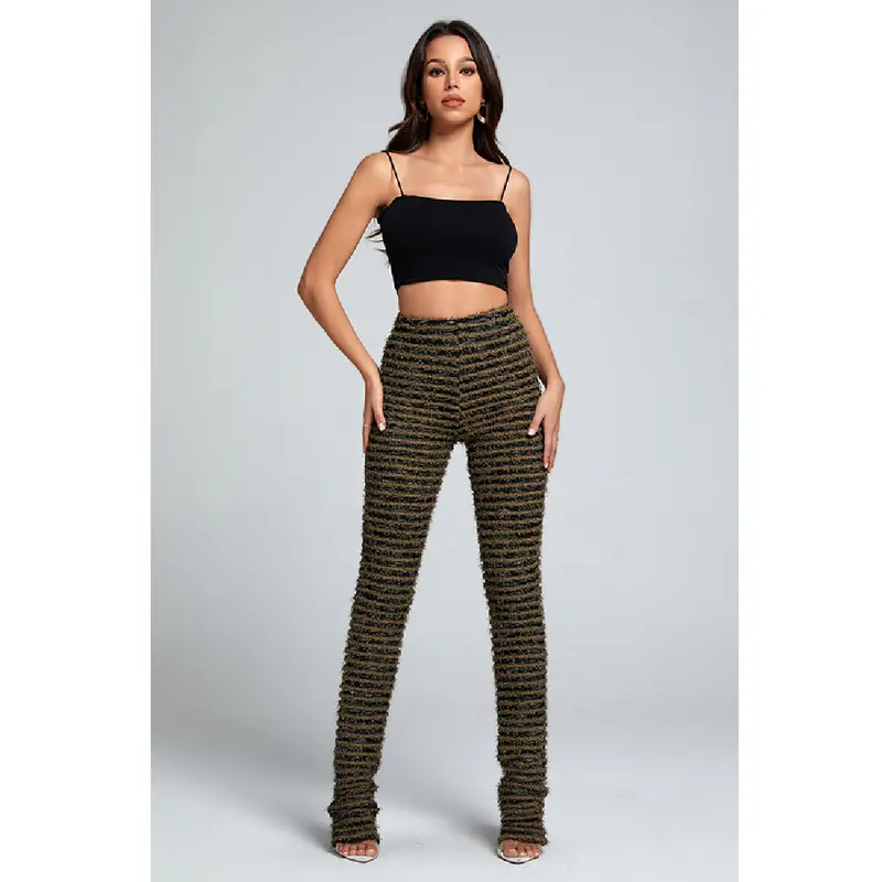 Women's Striped Fabric Pants - High Waist, Knitted Polyester-Spandex, Slim Fit, Tummy Control, Feather Accent, Chic Skinny Trousers for Daily Wear