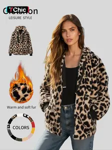 Women's Fall Winter Warm Leopard Fitted Womenswear Jacket with Pockets Zipper Fashion Hood Elegant Commuter Casual Simple Daily Wear Outerwear Coat