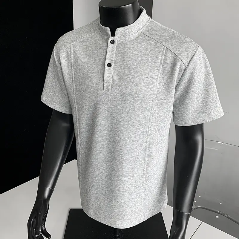 Men's Collared Neck Cotton Blend T-Shirt - Plain, Stand Collar, Short Sleeve, Button Placket, Foldable, Relaxed Fit for Business Casual Summer