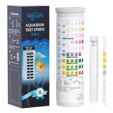 SEAOURA 9-in-1 Accurate Testing Aquarium Test Kit - 65 Strips for Fish Tanks & Ponds, Water Testing for Nitrate, Nitrite, Chlorine, Iron, Copper, Hardness, Alkalinity, Carbonate, pH (Pet Water Treatment Accessory, Christmas Sale)