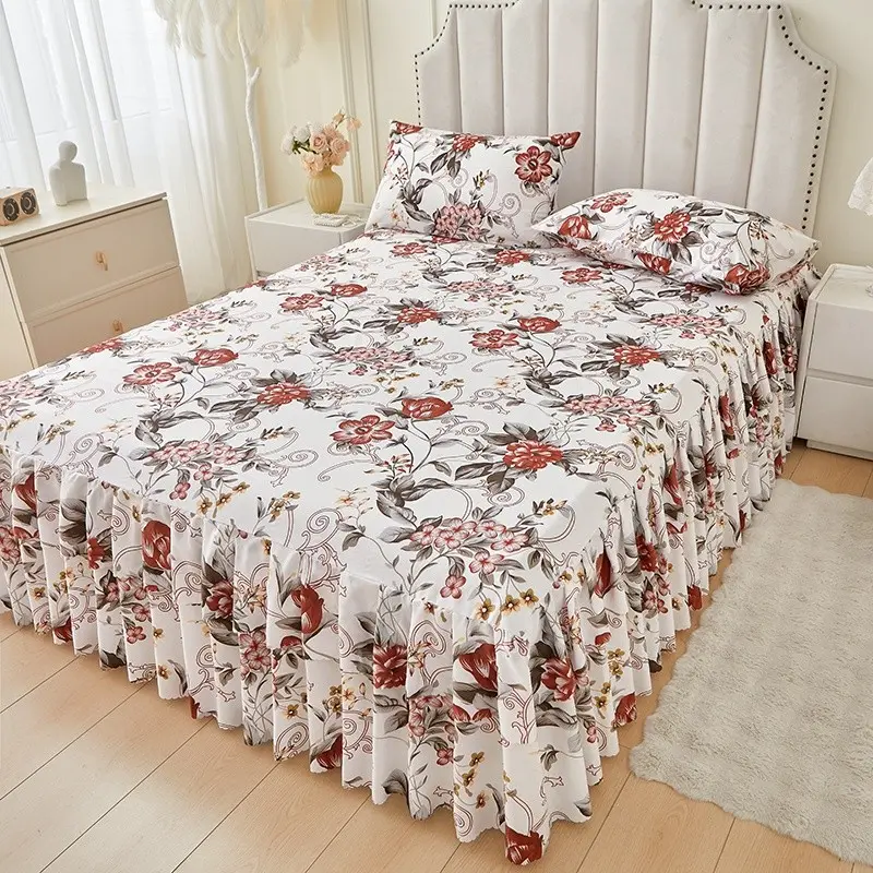 Floral Print Ruffled Edge Bed Skirt Set, 3-Piece Set Includes 1 Bed Skirt & 2 Pillowcases without Filler, Comfy Decorative Bedding Set for Home Bedroom, Christmas Gift Bedskirt Set