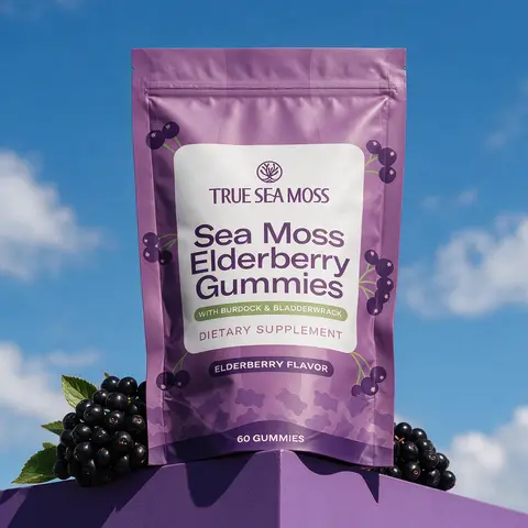 True Sea Moss Elderberry Gummies  – With Magnesium, Burdock Root & Bladderwrack – 60 Gummies – Rich in Essential Minerals & Vitamins