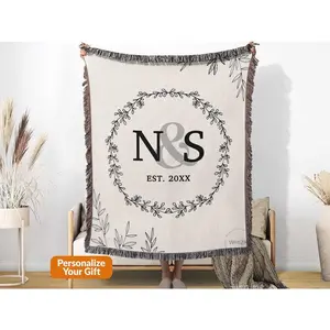 Wedding Anniversary Blanket, Cotton Anniversary Gift For Him Her, Personalized Wedding Gifts For Couples Initials Woven Blanket Throw B374