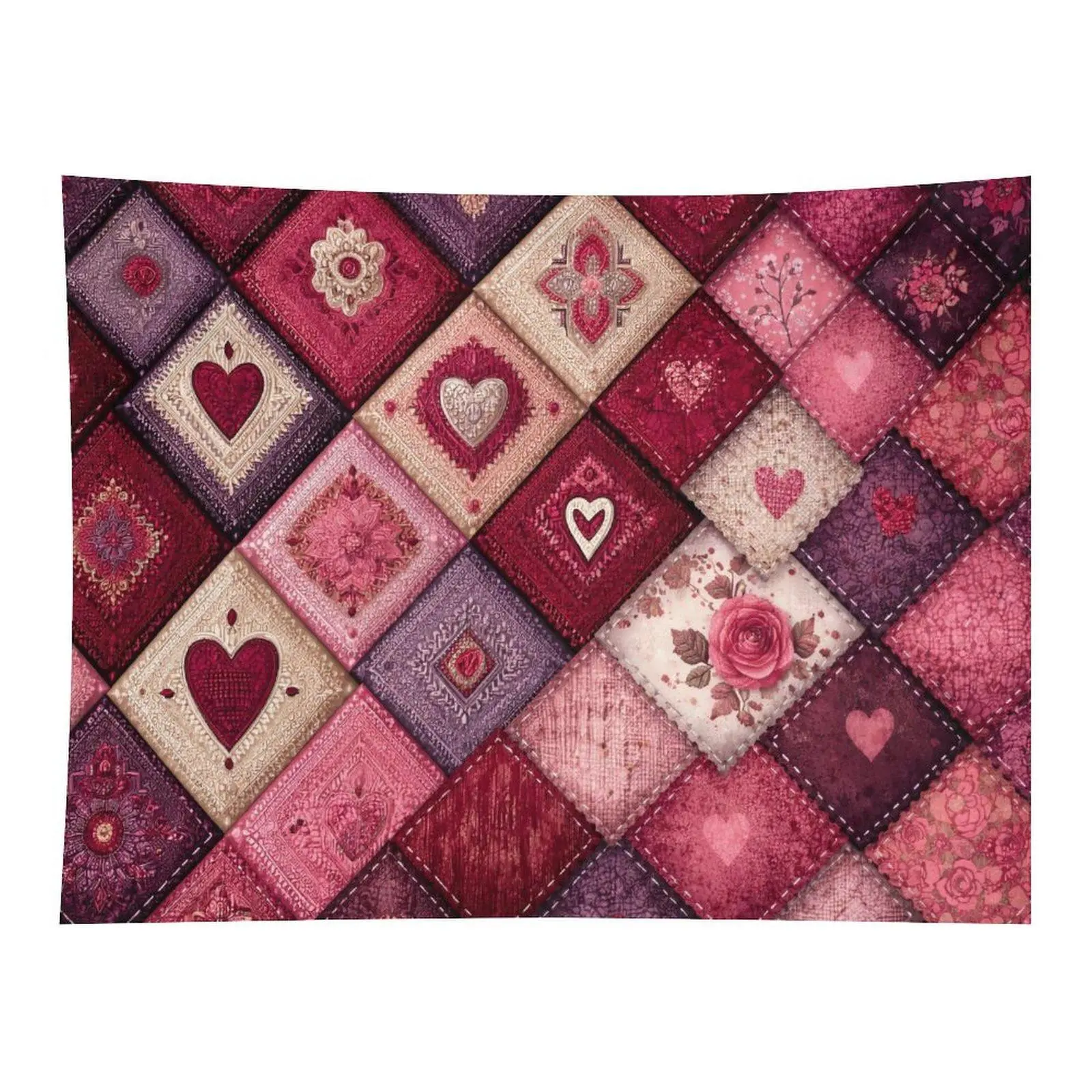 Vintage Patchwork Heart Rose Wall Tapestry Romantic Quilt‑Style Floral Ornate Pattern Wall Hanging for Bedroom Valentine Home Decor