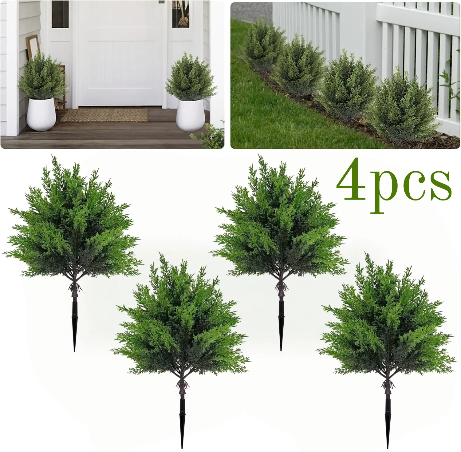 4pcs Artificial Cedar Trees with Ground Stake - Faux Outdoor/Indoor Evergreen Plants, Decorative Fake Cypress Bushes for Christmas, Daily Porch Front Door Home Decor Ornaments