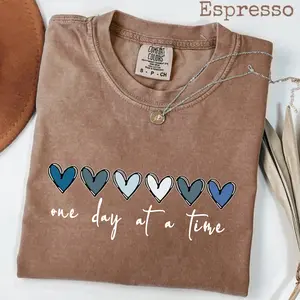 Comfort Color One Day At A Time Mental Health Wellness Hearts Shirt,  Cotton Fabric Fit Top Womenswear Breathable Casual Everyday Vintage Style
