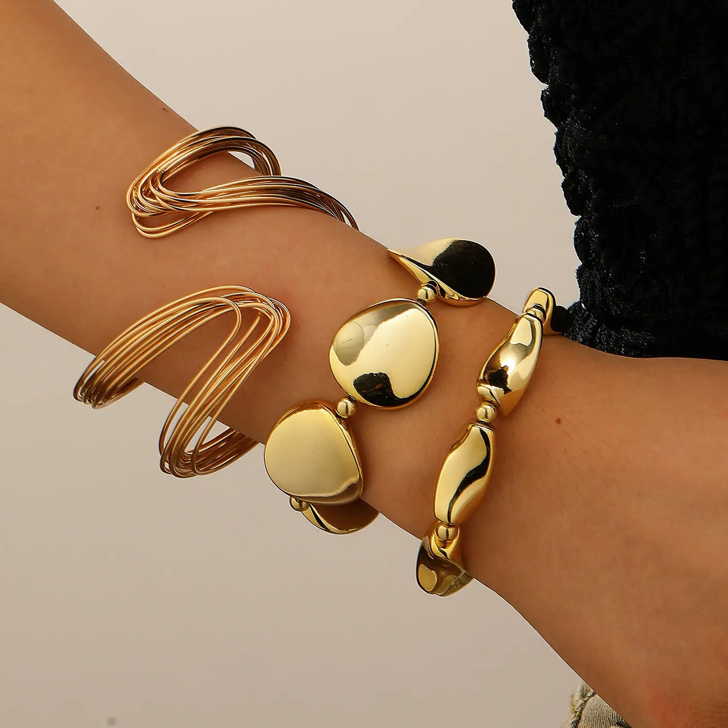 Chunky Gold Cable Bangle Set - Multilayer Wire Open Cuff, Elegant Exquisite Metal Bangles, Sports Wristband for Party Wear, Avant-Garde Aesthetic Jewelry, Holiday Gift Set Pieces, Elegant Bangle