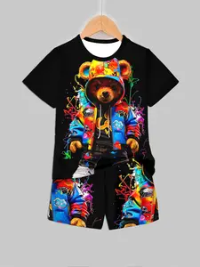 Graffiti Trend Bear Colorful Street Style Short Sleeve Set for Boys, Casual Fitted Tee and Shorts Summer, Unique Asymmetrical Design