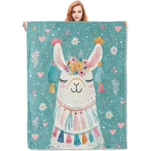 Llama Blanket,Cartoon Cute Animal Flannel Throw Blankets,Soft Warm Lightweight Cozy Plush White Llama with Floral Throws for Bedroom Sofa Home Decor Gifts for Adults Kids