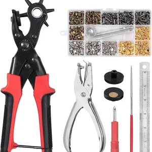 240 Pcs Leather Hole Punch Set,Including Leather Double Cap Rivets with Heavy Duty Punch Plier,Belt Hole Puncher Revolving Hole Punch Rivets Tool Kit for Belt Shoes Fabric,Hand Tools Kits