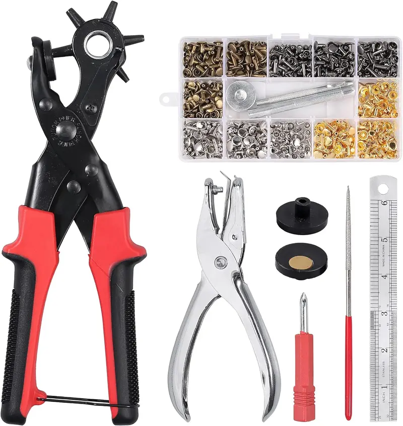 240 Pcs Leather Hole Punch Set,Including Leather Double Cap Rivets with Heavy Duty Punch Plier,Belt Hole Puncher Revolving Hole Punch Rivets Tool Kit for Belt Shoes Fabric,Hand Tools Kits