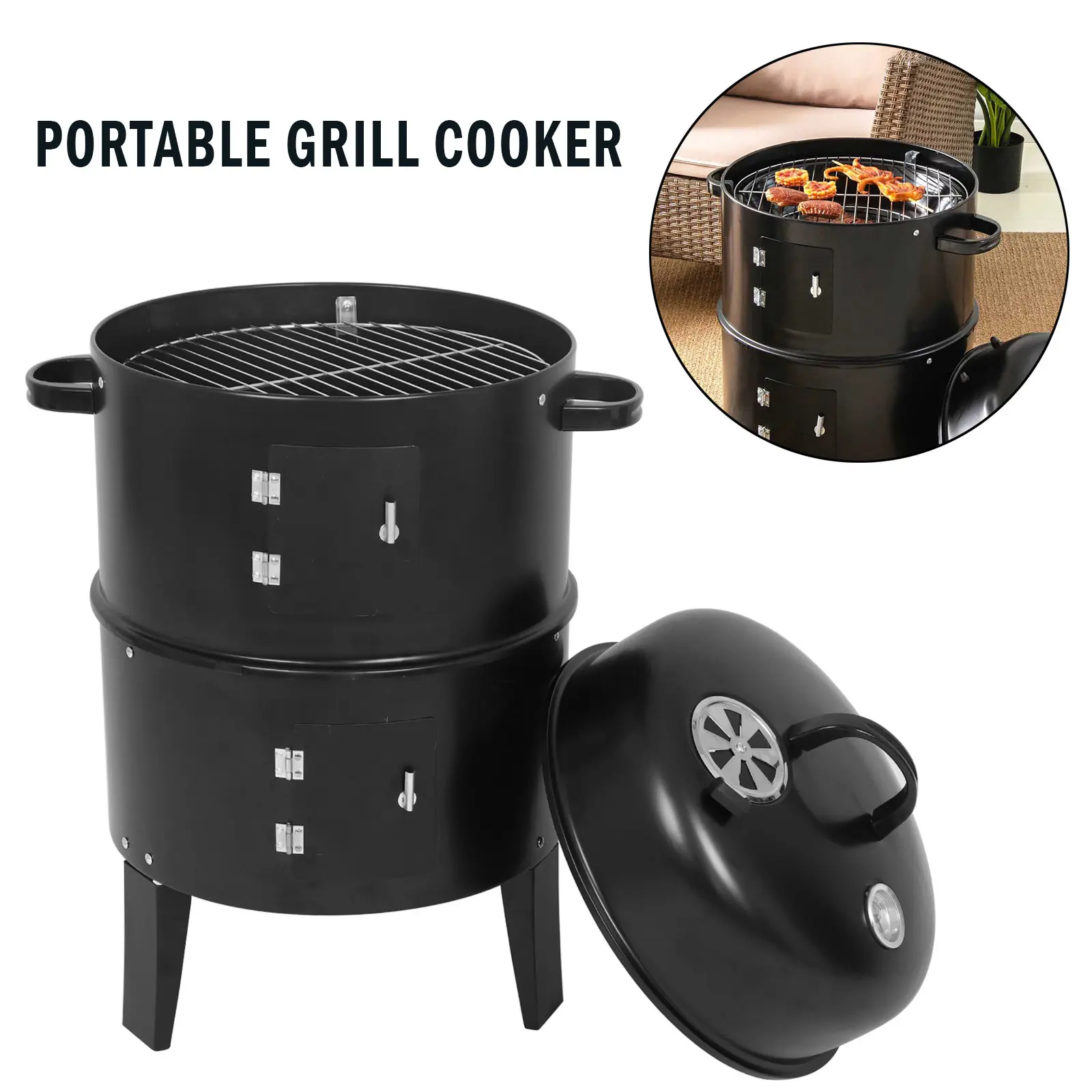 3-in-1 Portable Charcoal BBQ Smoker Grill - 3-Layer Detachable Cooker with Thermometer, Adjustable Vent for Outdoor Grilling, Camping, Portable Charcoal Grill