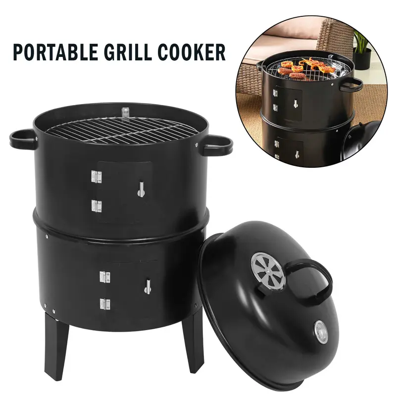 3-in-1 Portable BBQ Smoker Grill - Multi-Layered Detachable Cooker with Thermometer for Outdoor Grilling & Camping