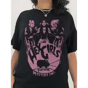 Vintage Hex Girl Rock Band Graphic T-Shirt With Pink Flame And Monster Design In Black Cotton For Casual Wear And Concerts