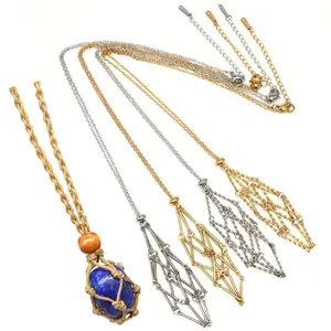 Crystal Cage Necklace Empty Stone Holder Wax Rope Stainless Steel Chain Adjustable Pendant Net Bag Natural Gem Jewelry Accessory