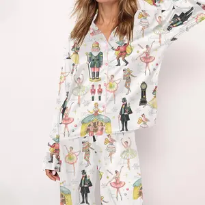 Nutcracker Ballet Christmas Satin Pajama Set For Women Print Comfy Satin Sleepwear & Loungewear Pjs Printing Silky Top & Bottoms - SHESHOW