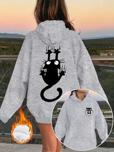 Women's Casual Hooded Sweatshirt with Cute Cat Print, Thick Knit Pullover with Front Pocket, Fall & Winter Jumper, Graphic Print Hoodie
