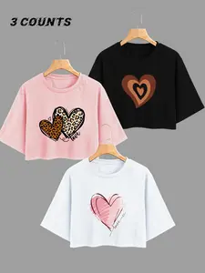 Women's Heart Print Round Neck Crop Tee, Casual Short Sleeve Crew Neck T-shirt for Summer, Ladies Clothes for Daily Wear