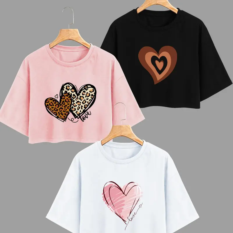 Women's Heart Print Round Neck Crop Tee, Casual Short Sleeve Crew Neck T-shirt for Summer, Ladies Clothes for Daily Wear Top, Bold Graphic Tee