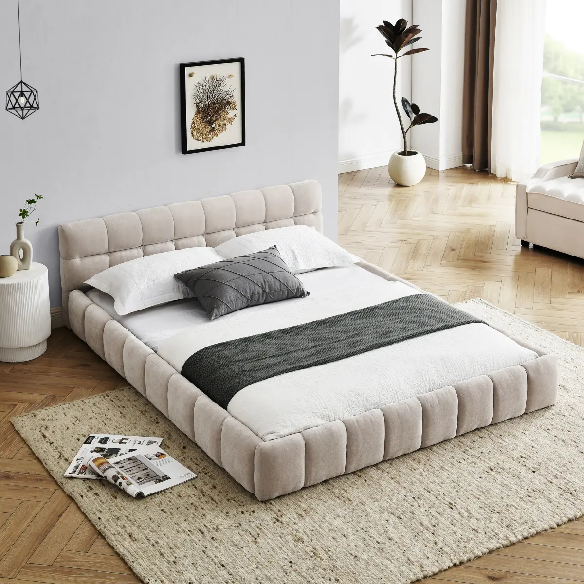 [Bellemave]Queen Size Upholstered Bed Frame with Thick Fabric, Chenille Fabric Grounded Queen Size Platform Bed with Headboard and Solid Frame. No Box Spring Needed, Beige(68''*86.5''*23.5'')