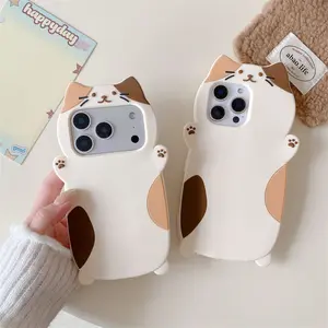 3D Cartoon Calico Cat Silicone Shockproof Phone Case For iPhone 17 16 15 14 13 Cute Protective Cover Thickened Silicone Casing