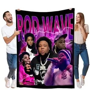 Rod Wave Urban Style Blanket - Large Soft Flannel Throw featuring Vibrant Purple and Pink Gradient Design with Stylized Portraits