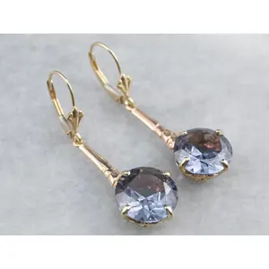 Synthetic Alexandrite Gold Bar Drop Earrings