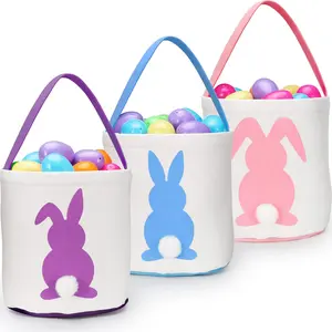 3 Pack Easter Baskets for Kids Empty, Easter Egg Hunt Basket with Handle - Easter Bunny Baskets for Boys & Girls, Canvas Tails Bags Buckets for Gifts (Pink+Blue+Purple)