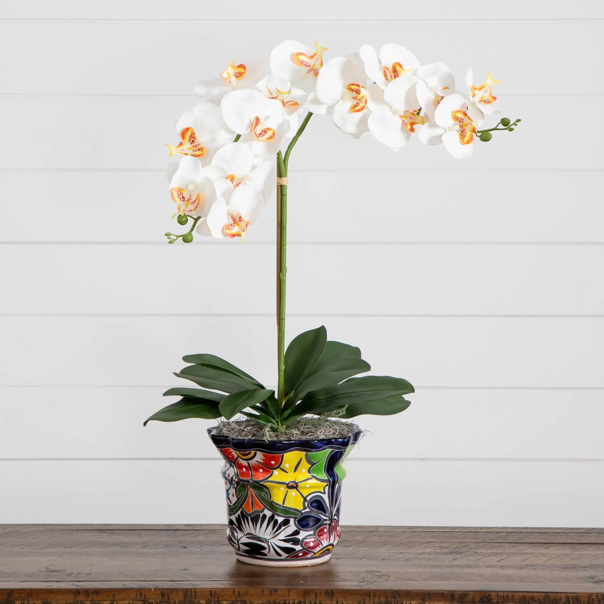 26-in Bendable Artificial Double Orchid Arrangement in Handmade Mexican Talavera Ceramic Planter - Plant Decor, Floral Decor for Home Living Spaces