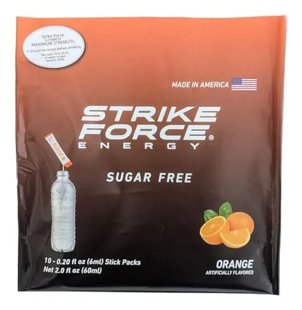 Strike Force Energy Drink Mix - Orange Flavor - Natural Tasting Caffeine Drink - Turn Any Drink into a Healthy Energy Drink - Zero Calories, Keto Friendly, Sugar Free, Pre Workout (10 Liquid Packs)